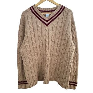 Vintage Old Navy Men's V-Neck Cable Neck Sweater XL Tan Burgundy Stripe Academia